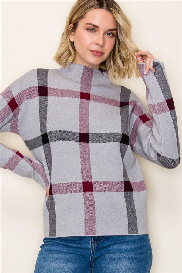 LIBBY HEATHER GREY CHECK JACQUARD KNIT SWEATER
