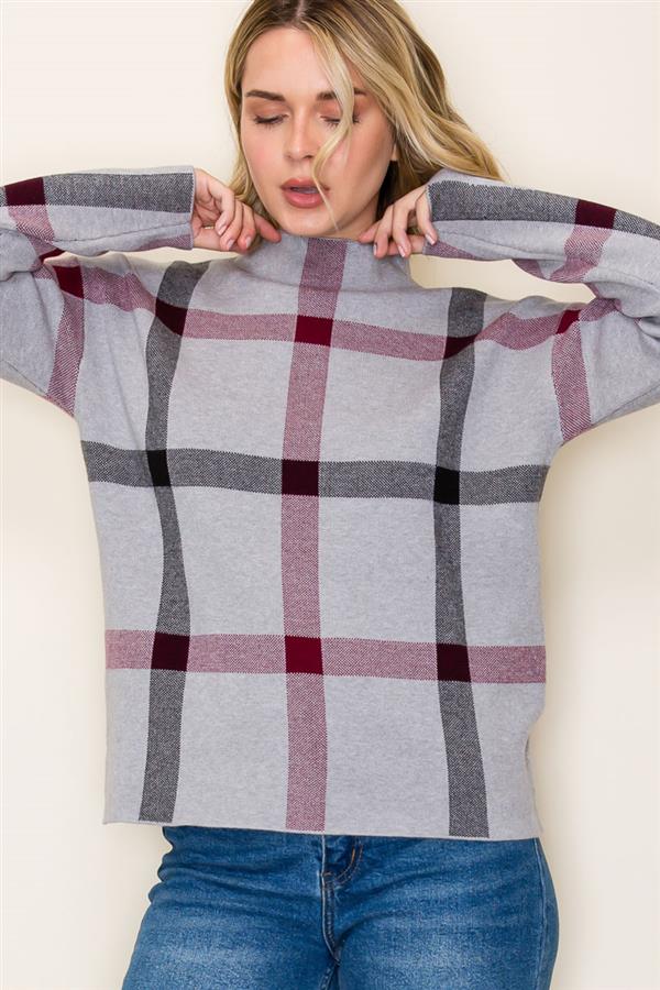 LIBBY HEATHER GREY CHECK JACQUARD KNIT SWEATER