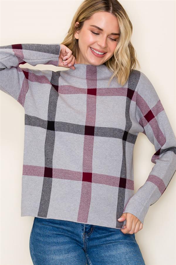 LIBBY HEATHER GREY CHECK JACQUARD KNIT SWEATER