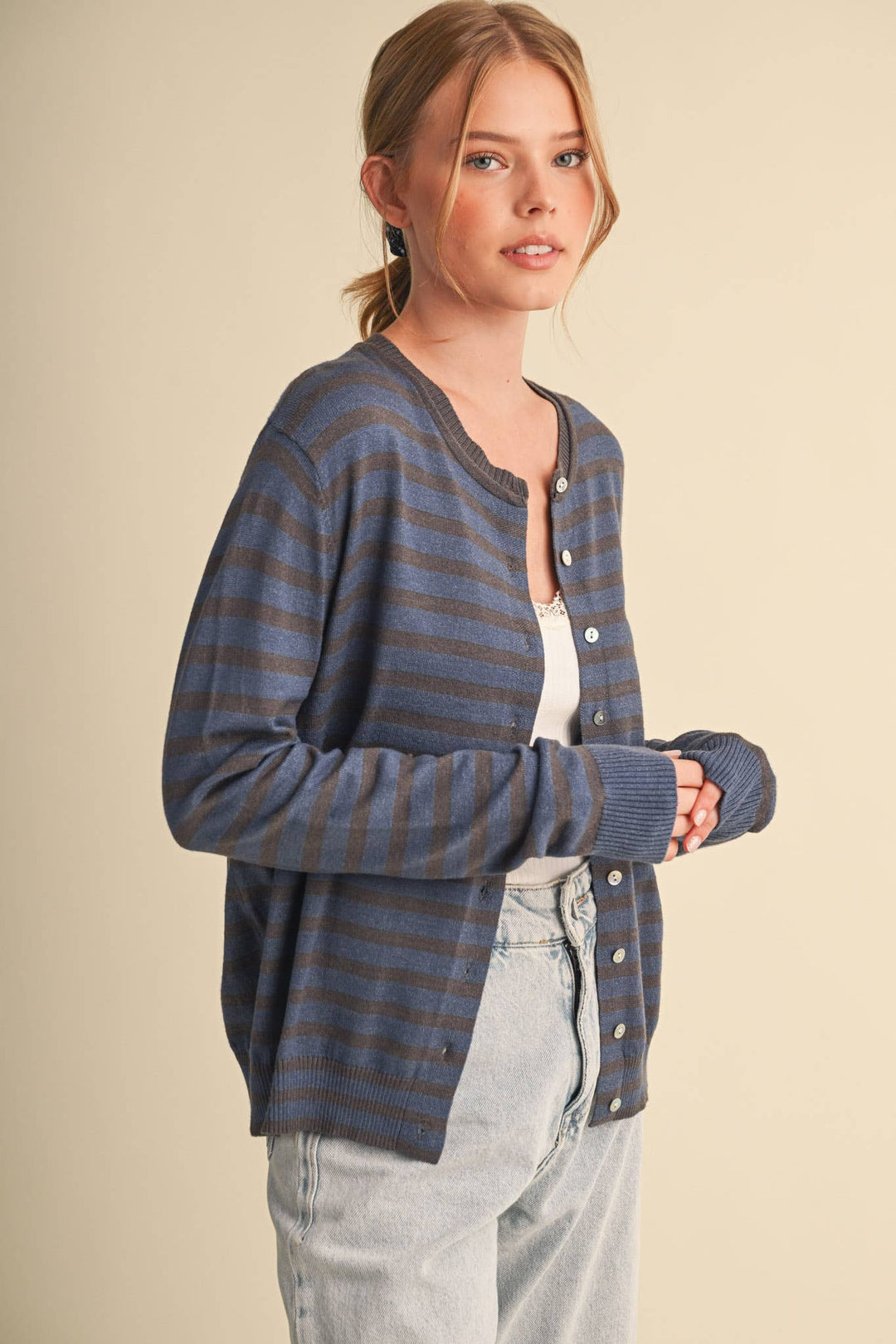 DENIM CAMPUS STRIPE CARDIGAN
