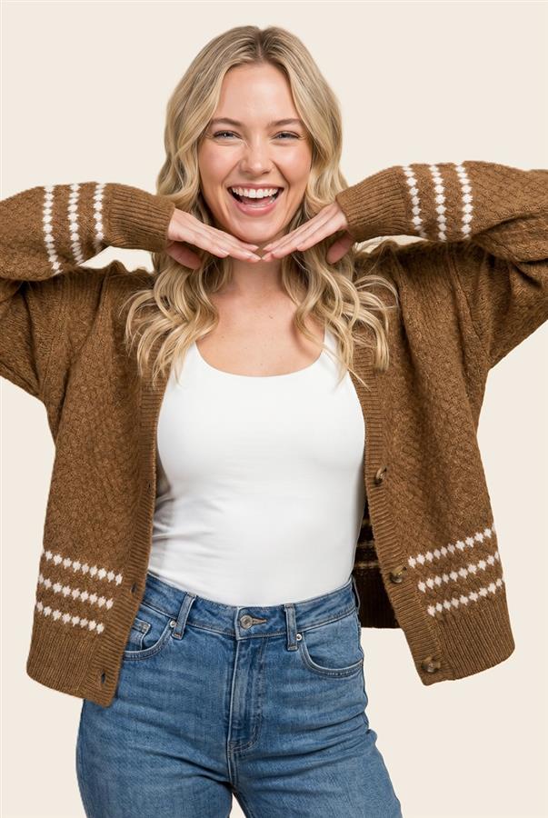 CAMEL TEXTURED BALLOON SLEEVE CARDIGAN