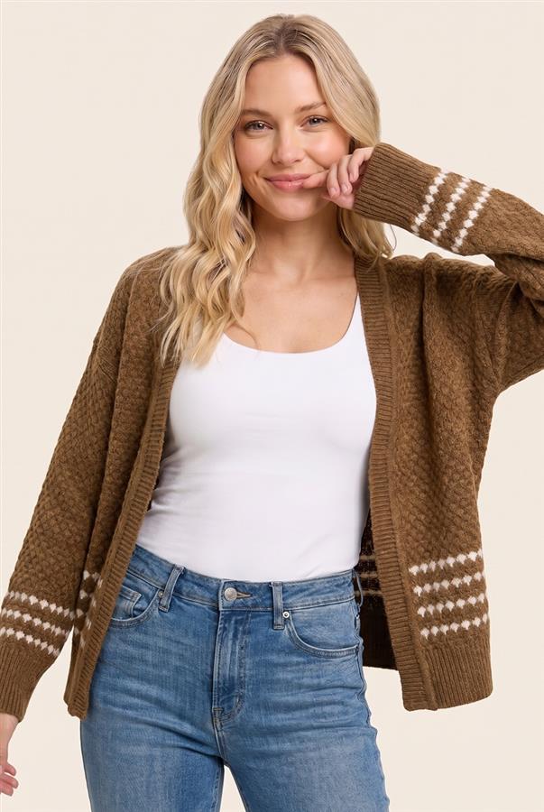 CAMEL TEXTURED BALLOON SLEEVE CARDIGAN