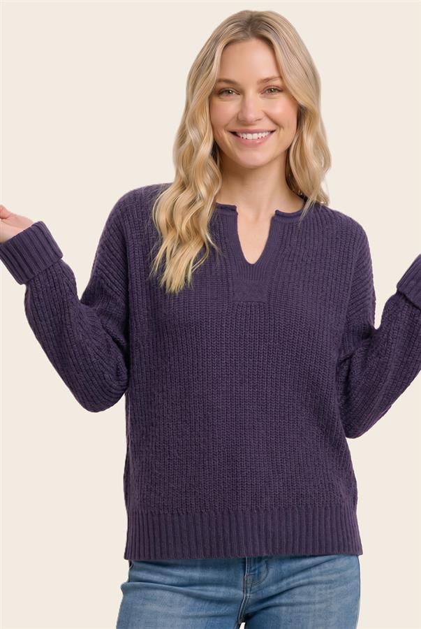 EGGPLANT SPLIT NECK SWEATER
