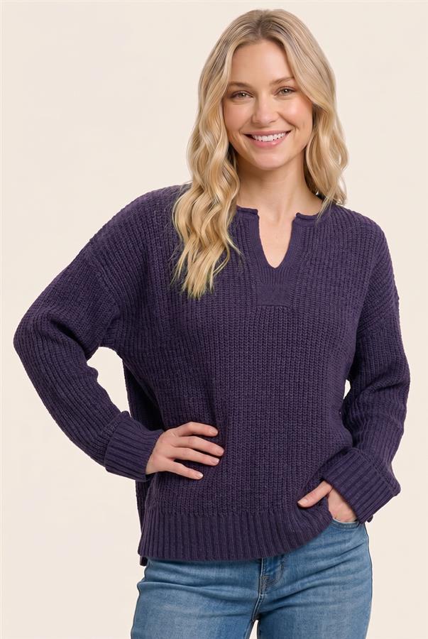 EGGPLANT SPLIT NECK SWEATER