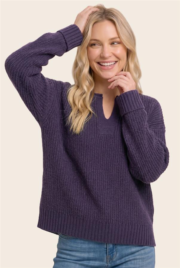 EGGPLANT SPLIT NECK SWEATER