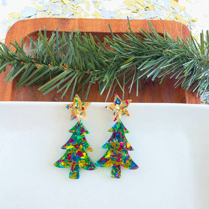 GREEN TINSEL GLITTER CHRISTMAS TREE EARRINGS