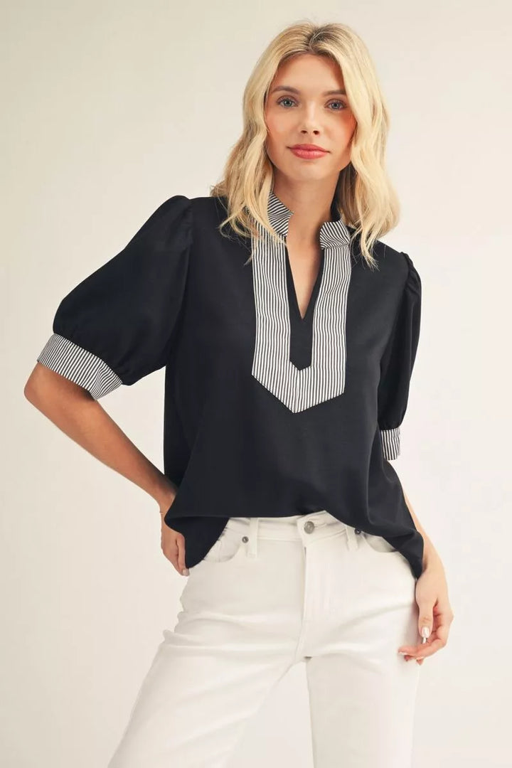 CHARLIE BLACK PUFF SLEEVE TOP WITH PINSTRIPE TRIM