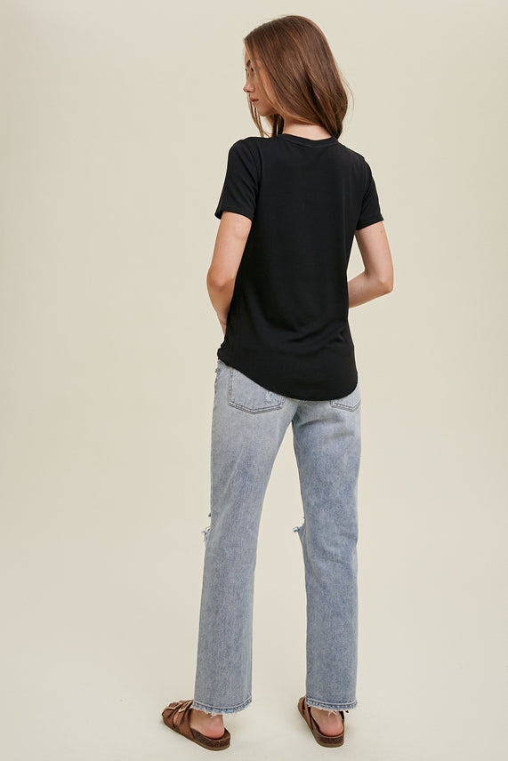 BLACK RIB KNIT SHORT SLEEVE TOP