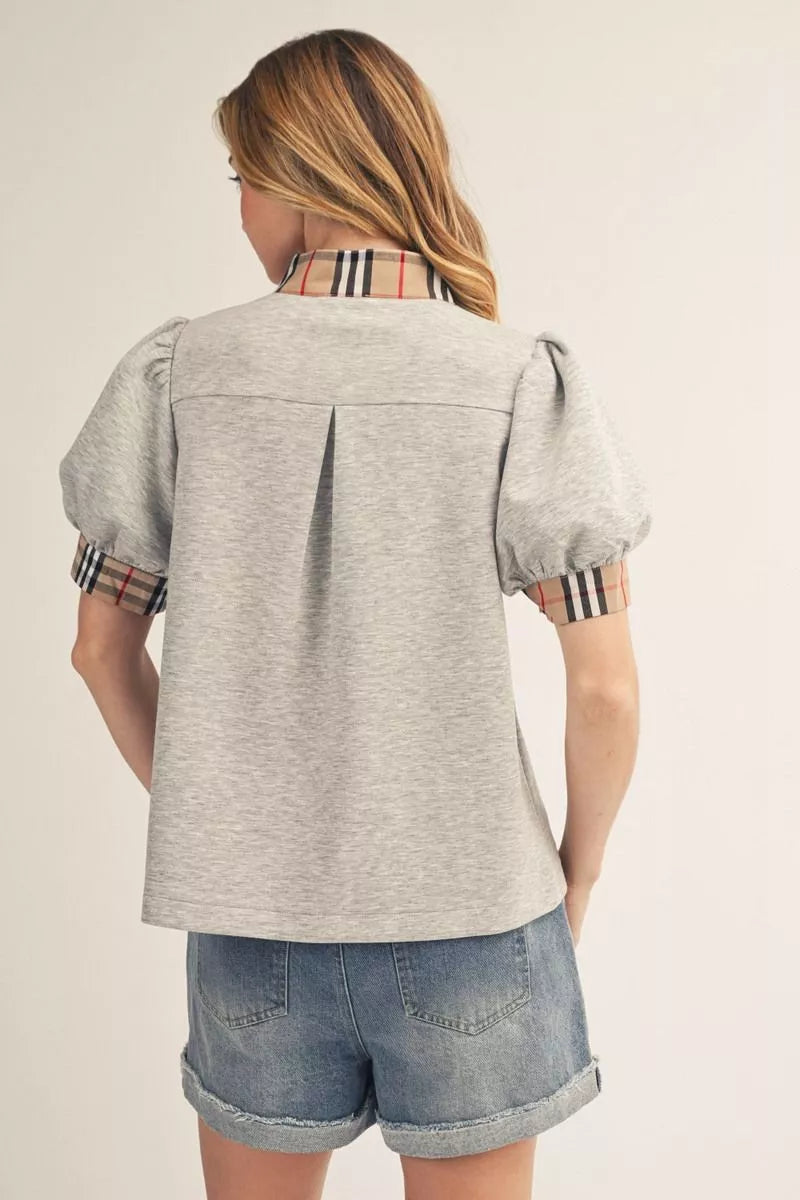 SHELBY GREY KNIT TOP WITH PLAID TRIM
