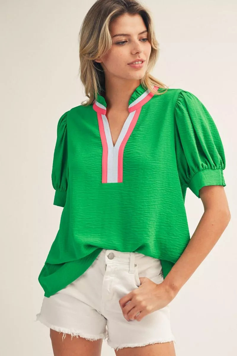 ANNA KELLY GREEN COLOR CONTRAST PUFF SLEEVE TOP