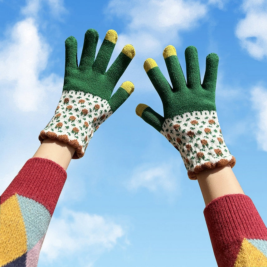 GREEN CALICO FLOWERS KNIT GLOVES
