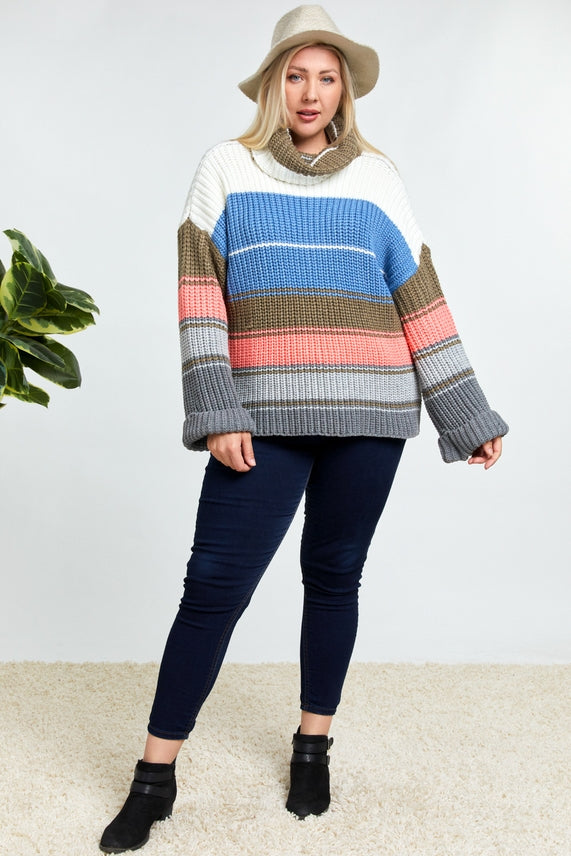 PLUS COLORBLOCK STRIPE COWL NECK SWEATER
