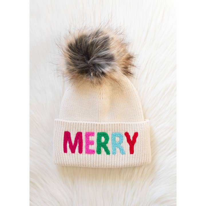 CREAM "MERRY" POM BEANIE HAT
