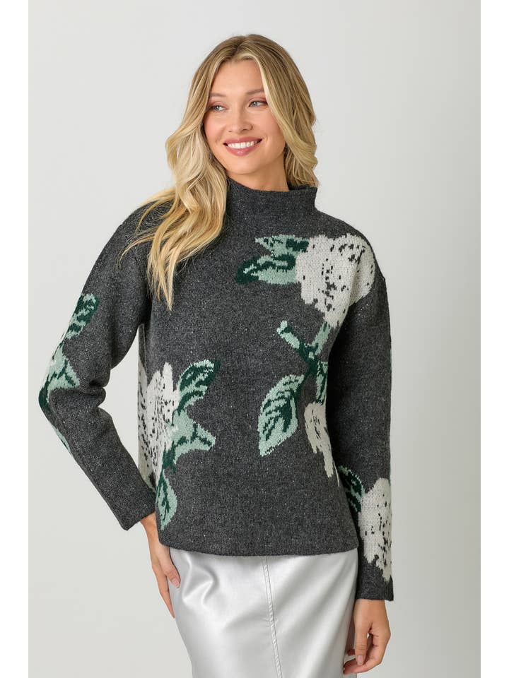 CHARCOAL FLORAL FUNNEL NECK SWEATER