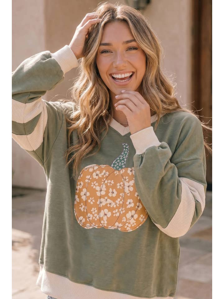 SAGE PUMPKIN FLORAL V-NECK SWEATSHIRT

