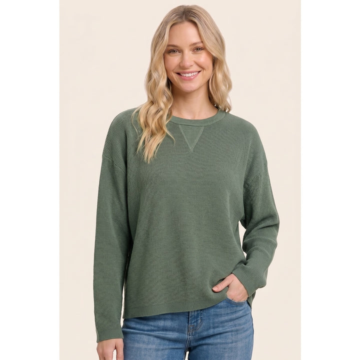 GREEN WAFFLE TEXTURE CREW SWEATER