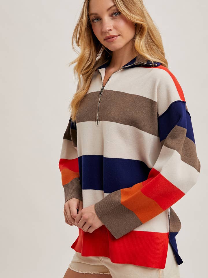 SAND MULTI RUGBY STRIPE HALF ZIP PULLOVER

