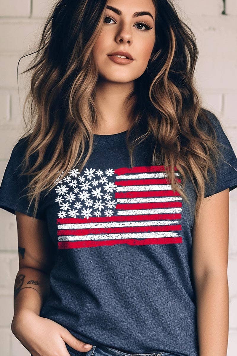 FLORAL AMERICAN FLAG GRAPHIC T-SHIRT