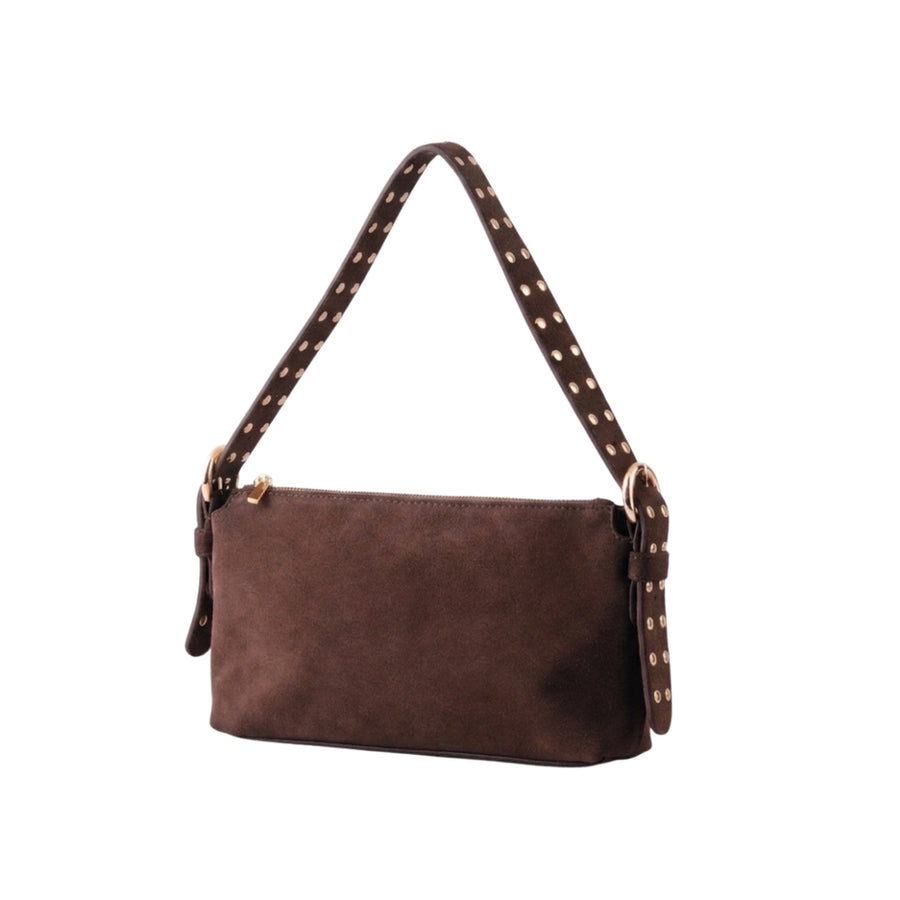 MAXINE CHOCOLATE STUDDED SUEDE SHOULDER BAG
