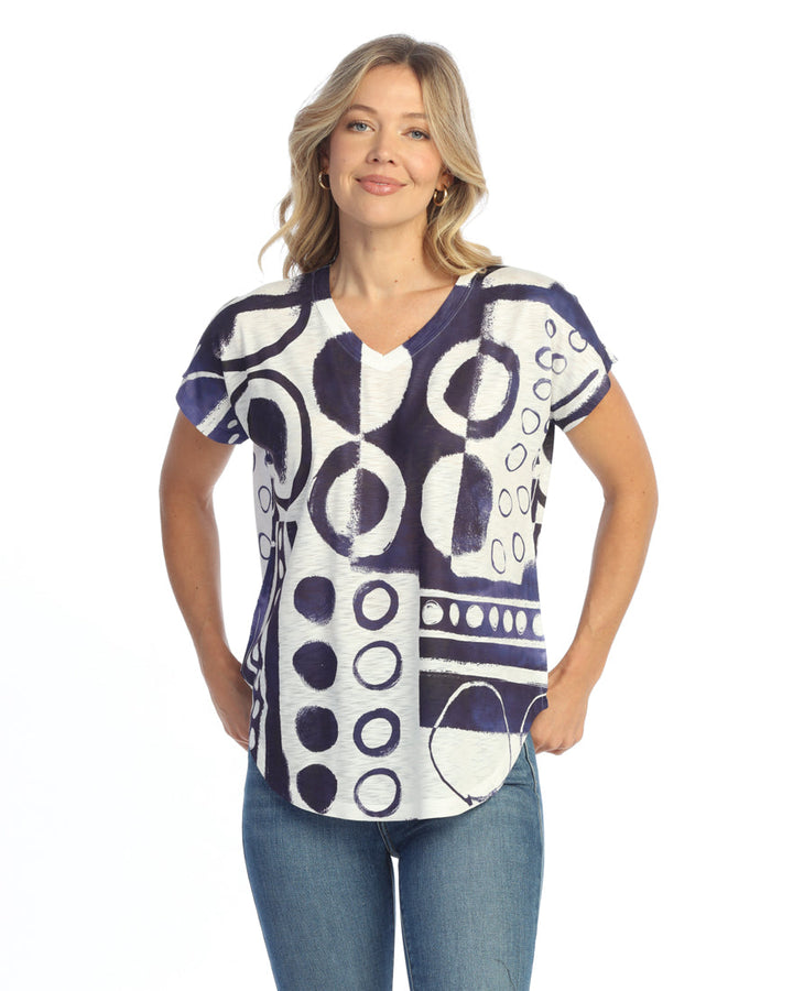 INDIGO DOTTIE SHORT SLEEVE V-NECK TOP