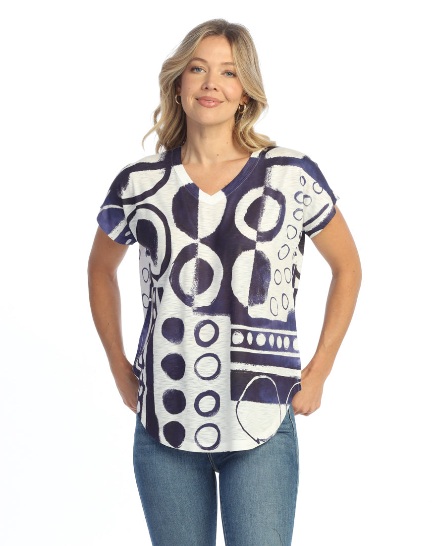 INDIGO DOTTIE SHORT SLEEVE V-NECK TOP
