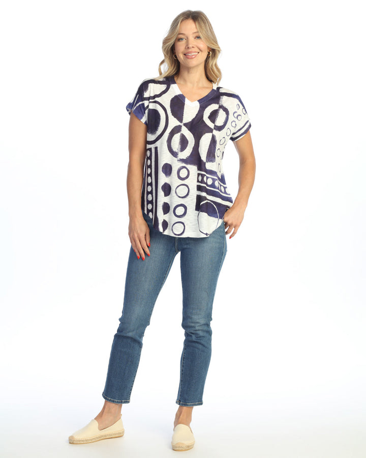 INDIGO DOTTIE SHORT SLEEVE V-NECK TOP