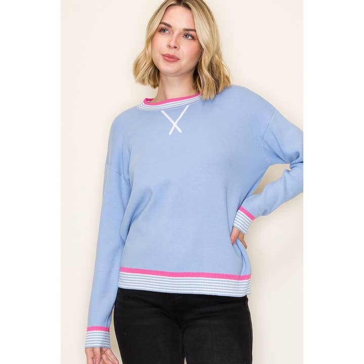 SKY BLUE VARSITY TRIM SWEATER
