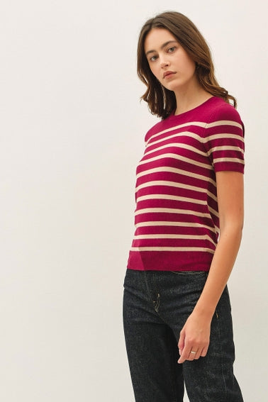 VIOLA WINE STRIPE SHORT SLEEVE SWEATER