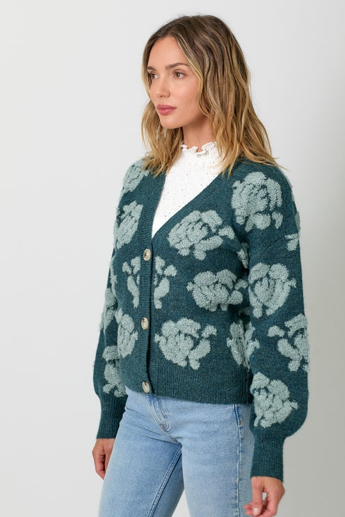 EMERALD FLORAL BUTTON DOWN CARDIGAN
