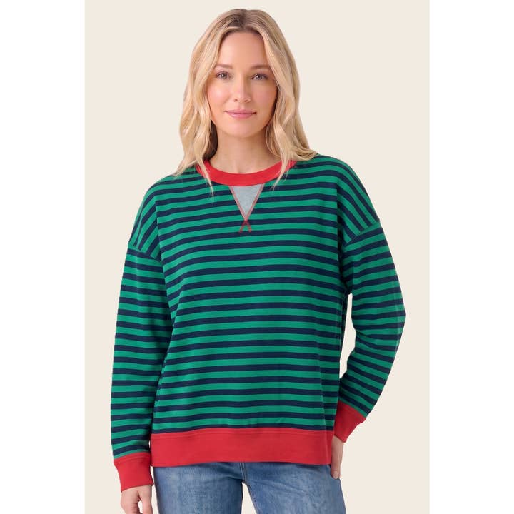 GREEN & RED COLOR POP STRIPE CREW SWEATSHIRT