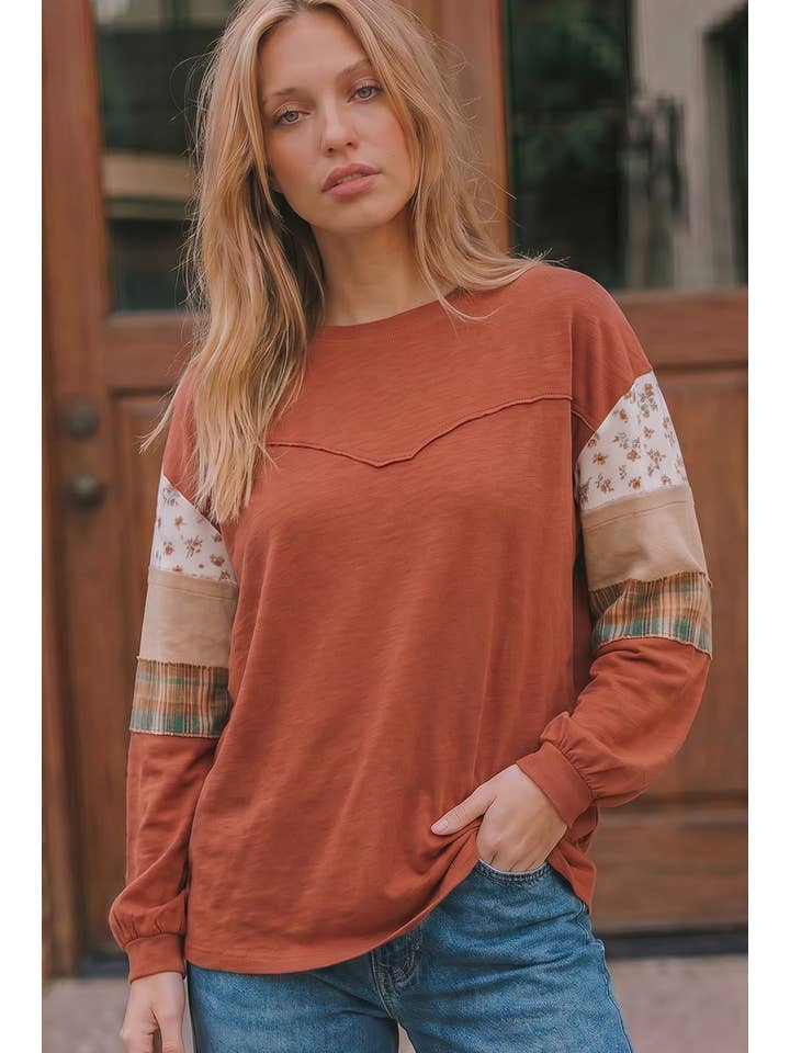 TERRACOTTA FLORAL CHECK COLORBLOCK LONG SLEEVE KNIT TOP