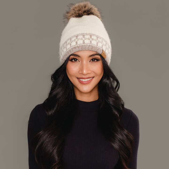 IVORY & TAUPE PATTERNED POM HAT