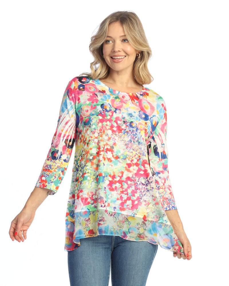MEADOWS PRINT SHEER HEM TUNIC TOP

