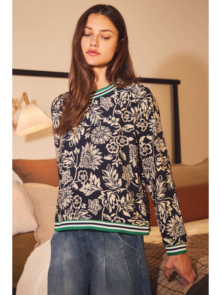 NAVY CASCADING FLORAL KNIT CREW TOP