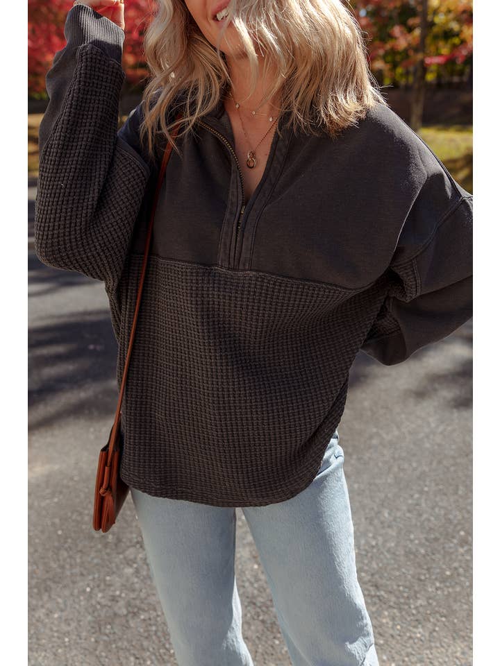 ONYX WAFFLE TEXTURE HALF ZIP TOP