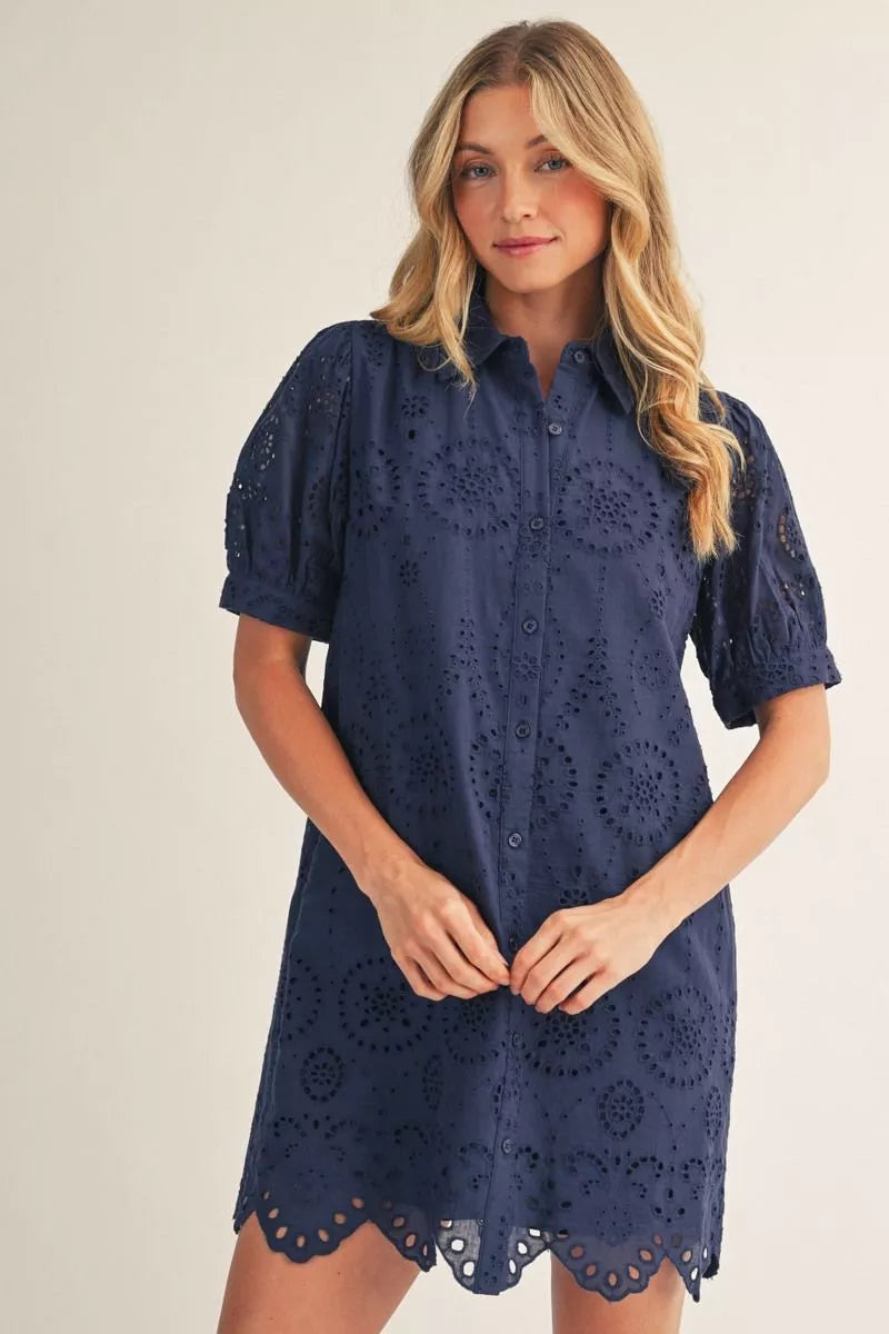 CADET NAVY EYELET SHIRT DRESS