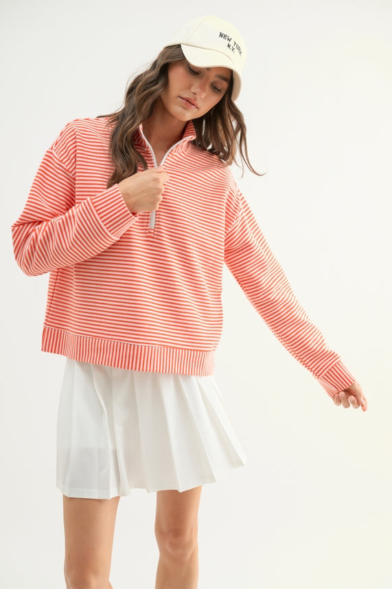 CORAL STRIPE 1/2 ZIP PULLOVER