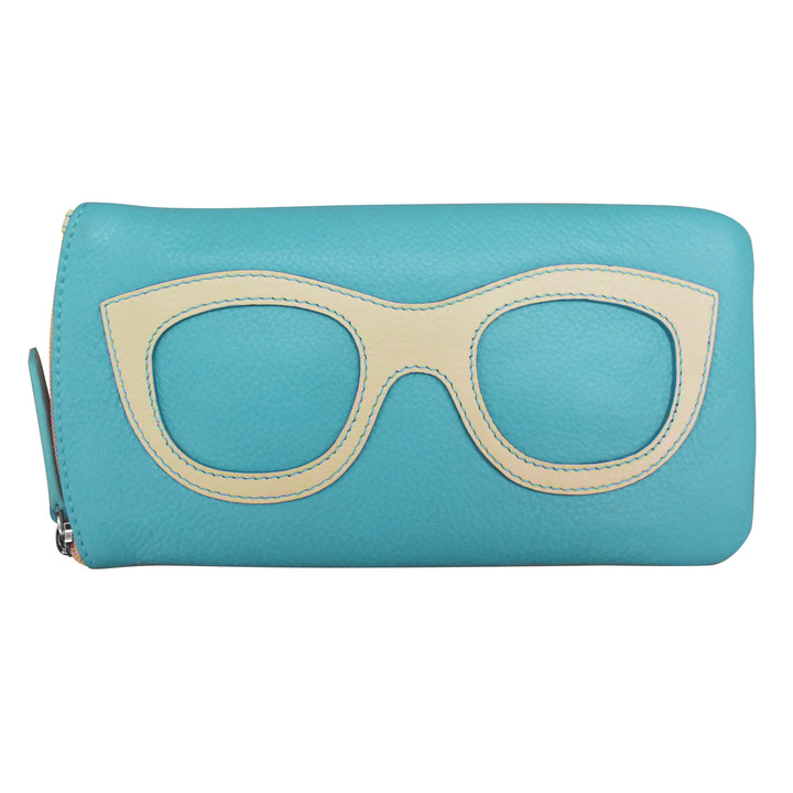 AQUA BLUE FRAME LEATHER EYEGLASS CASE

