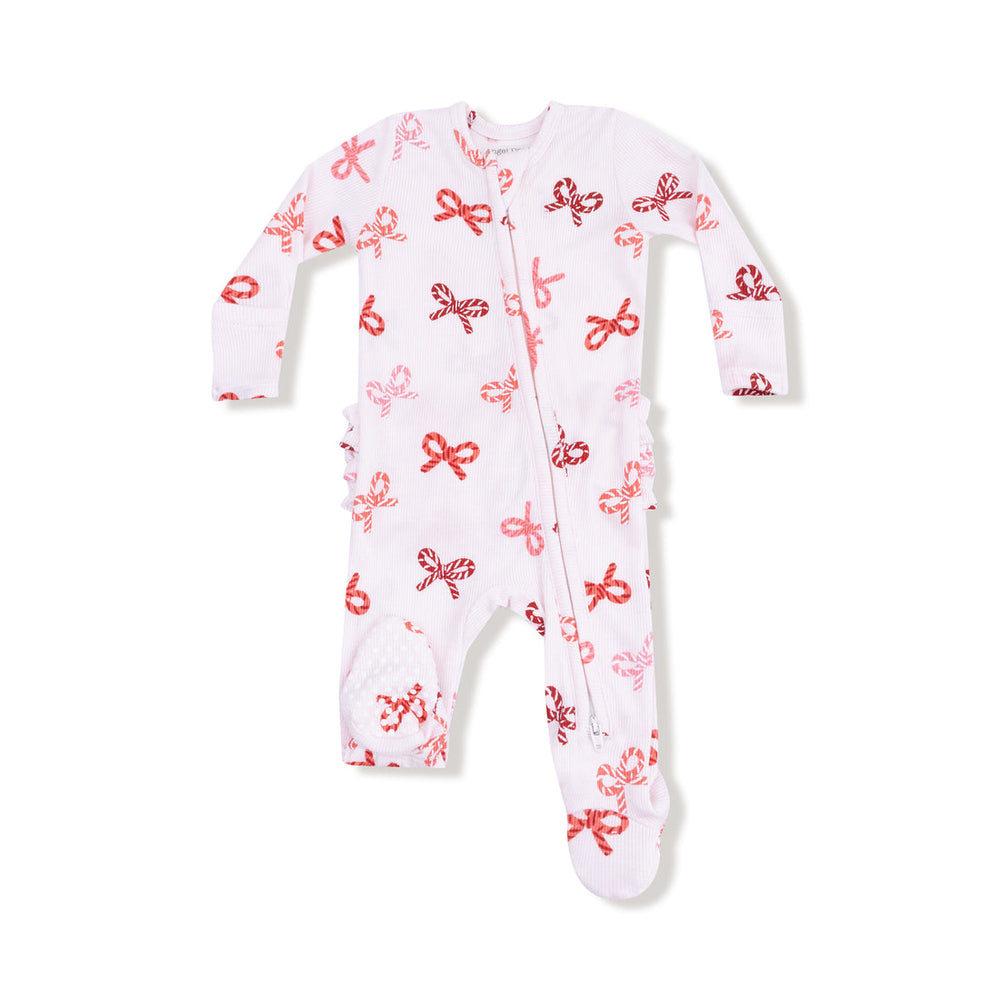 CANDY CANE BOWS 2 WAY ZIPPER RUFFLE BACK FOOTIE
