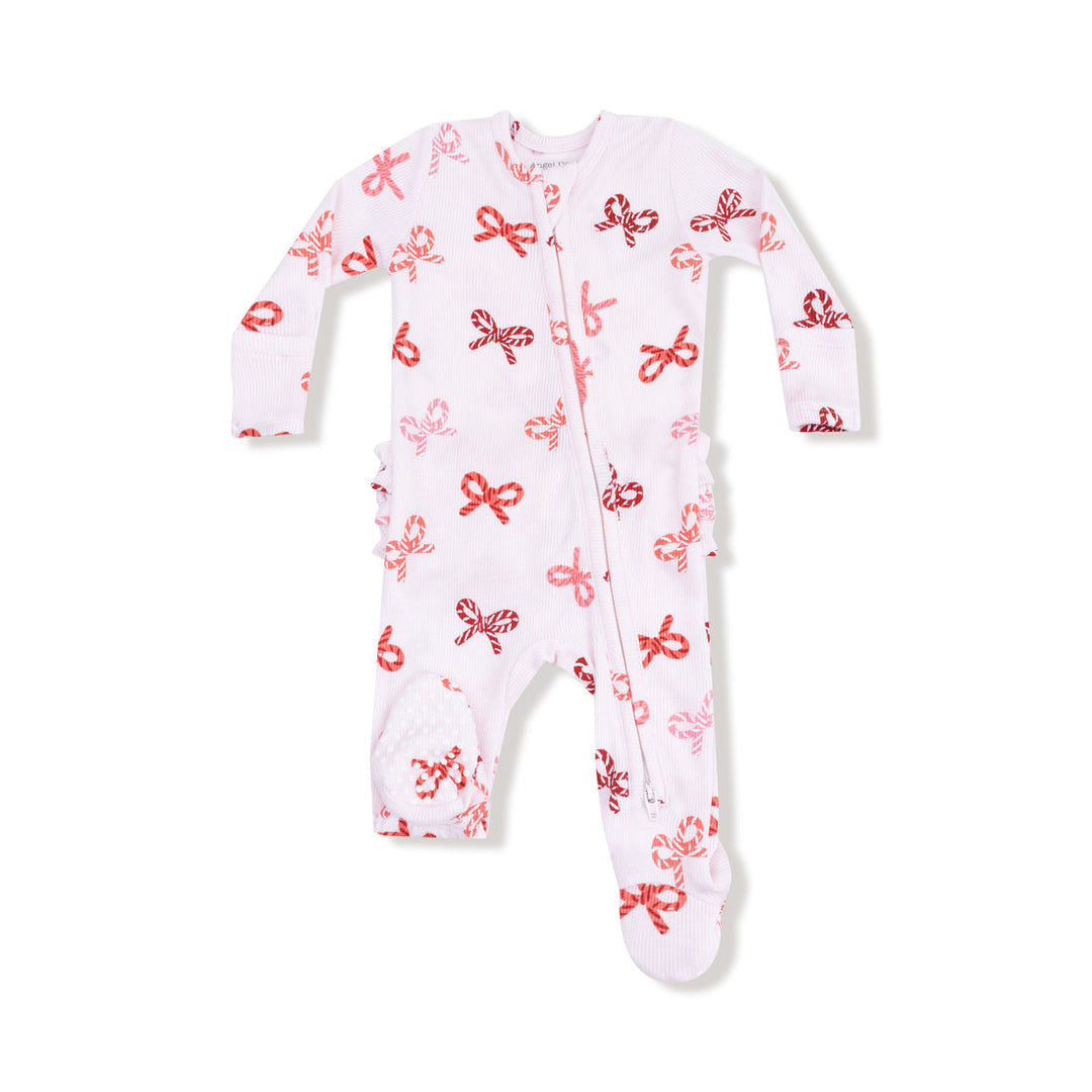 CANDY CANE BOWS 2 WAY ZIPPER RUFFLE BACK FOOTIE