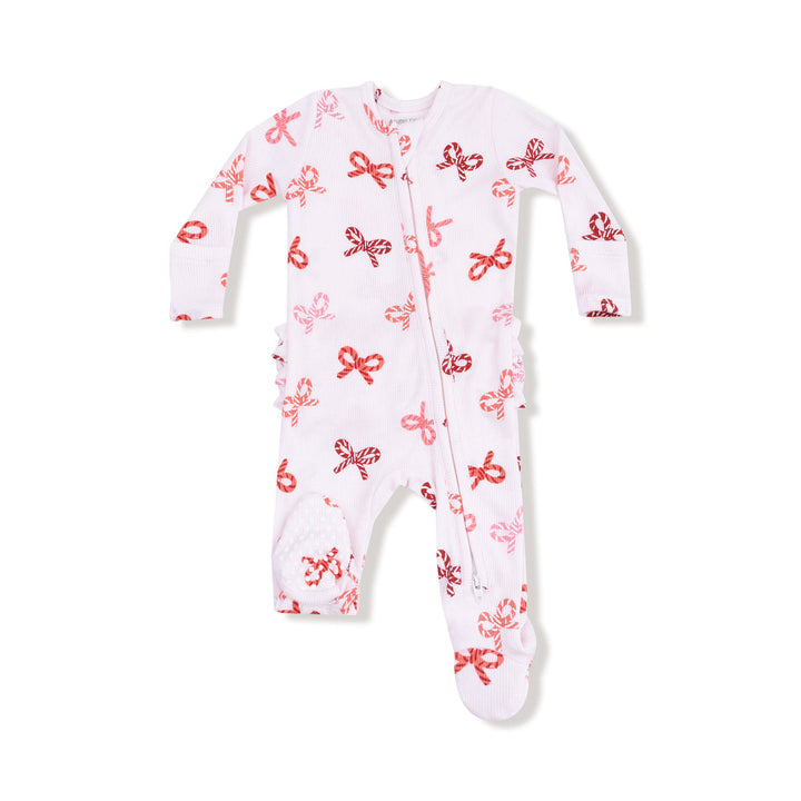 CANDY CANE BOWS 2 WAY ZIPPER RUFFLE BACK FOOTIE