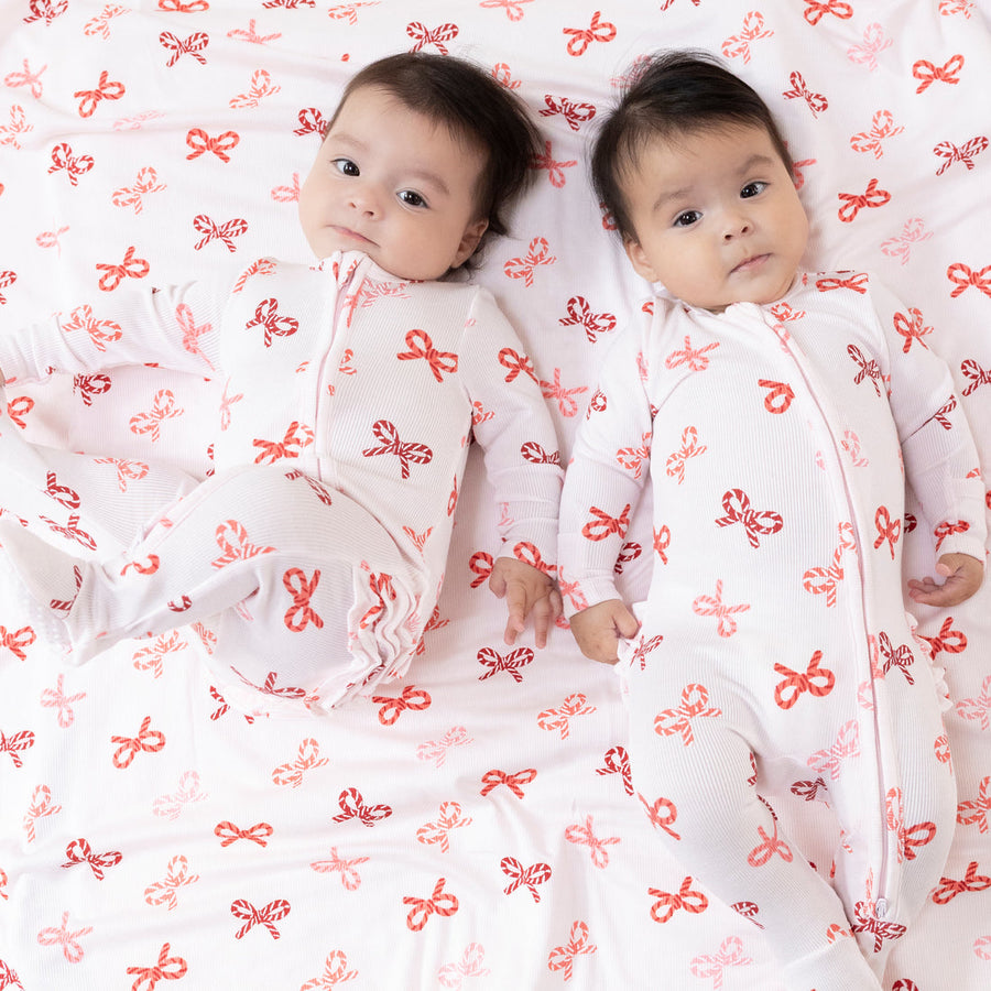 CANDY CANE BOWS 2 WAY ZIPPER RUFFLE BACK FOOTIE
