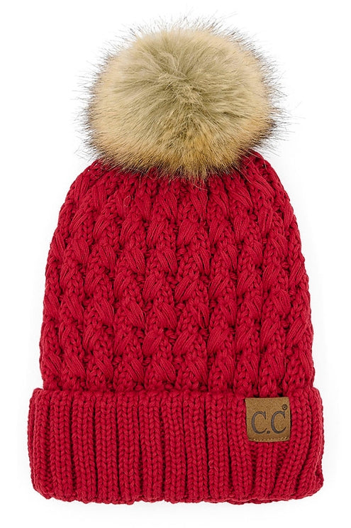 RED LATTICE CROSSOVER STITCH POM HAT