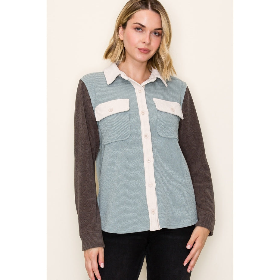 AQUA & MOCHA COLORBLOCK TEXTURED SHACKET
