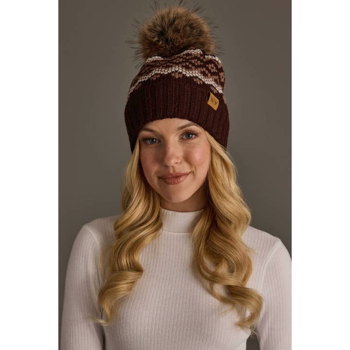 BROWN, MOCHA & TAUPE PATTERNED POM HAT