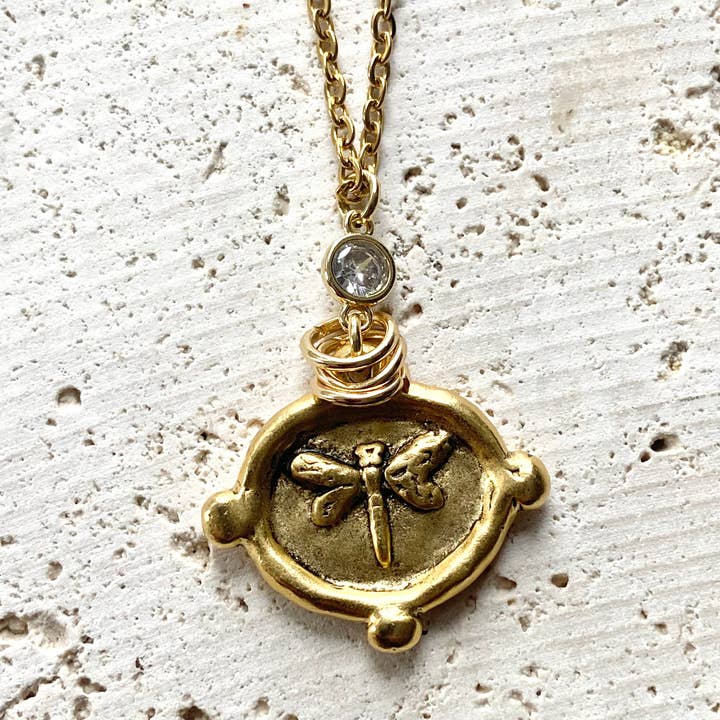 GOLD DRAGONFLY CZ PENDANT NECKLACE

