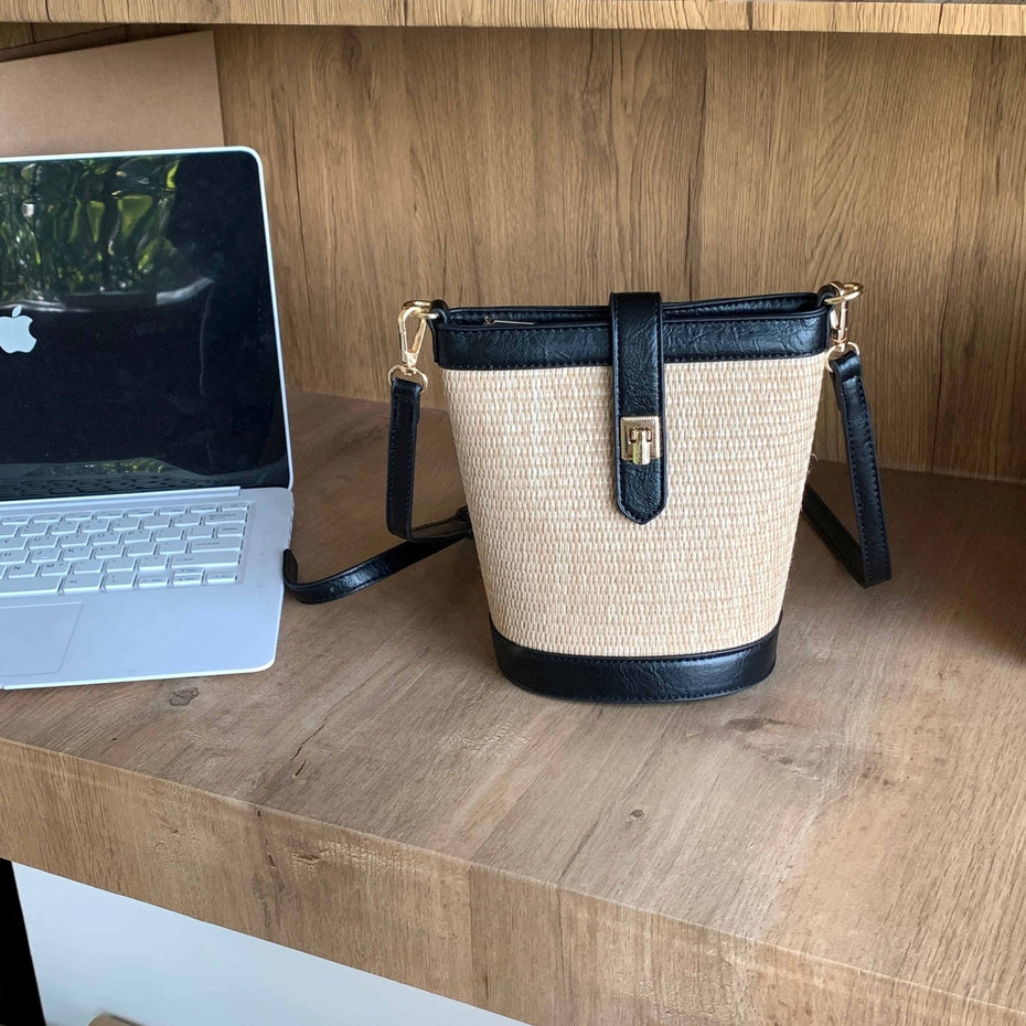TILLY STRAW & BLACK TURN LOCK CROSSBODY BAG