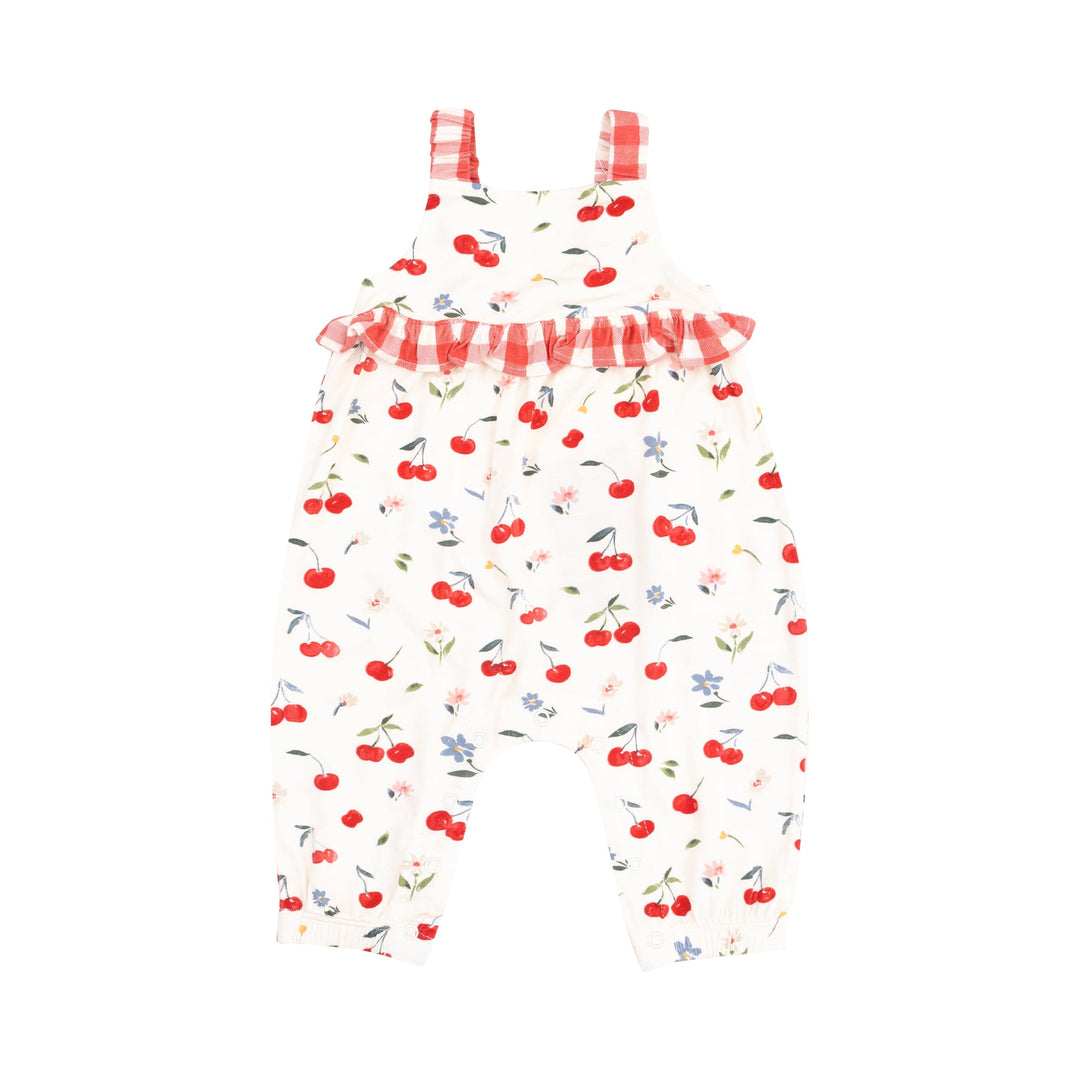 WATERCOLOR CHERRIES & GINGHAM RUFFLE WAIST ROMPER