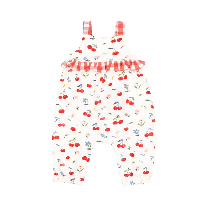 WATERCOLOR CHERRIES & GINGHAM RUFFLE WAIST ROMPER