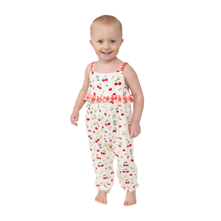 WATERCOLOR CHERRIES & GINGHAM RUFFLE WAIST ROMPER
